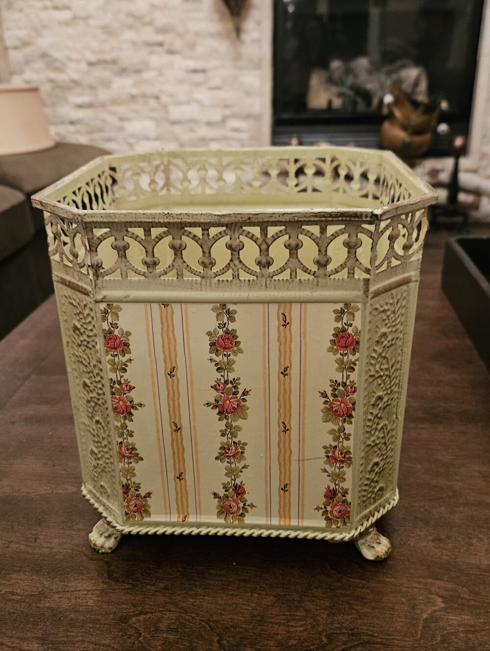 French Country Jardiniere Tole Wastebasket Planter